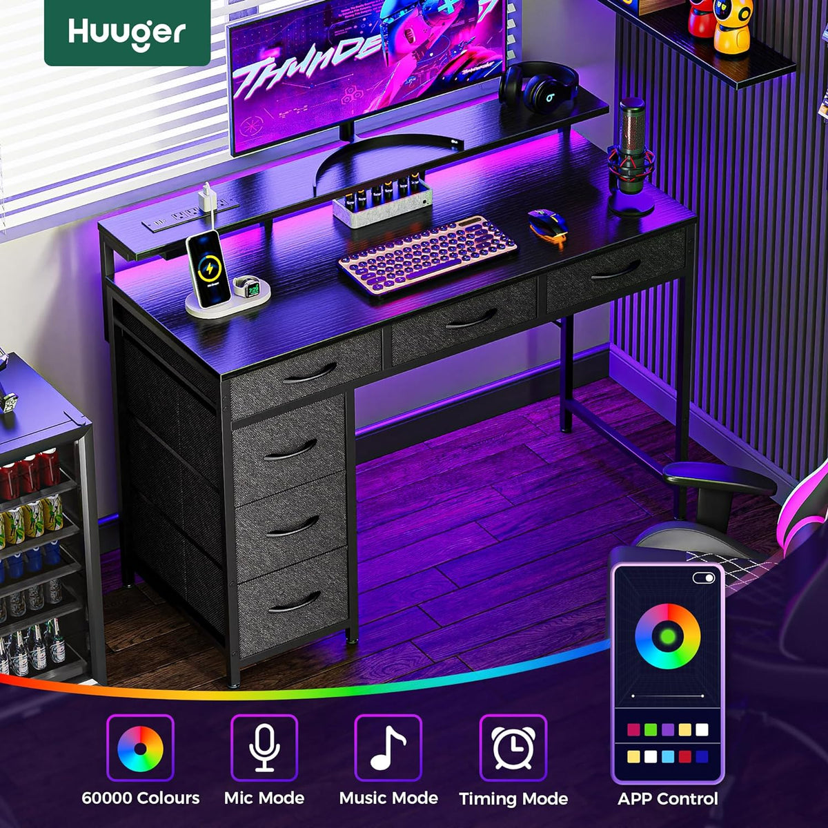 Huuger Gaming Desk with 6 Drawers, Computer Desk with LED Lights Power Outlets and Type-C, 39 Inch Office Desk with Storage, Monitor Stand, Writing Desk Work Desk Home Office, Bedroom, Study, Black
