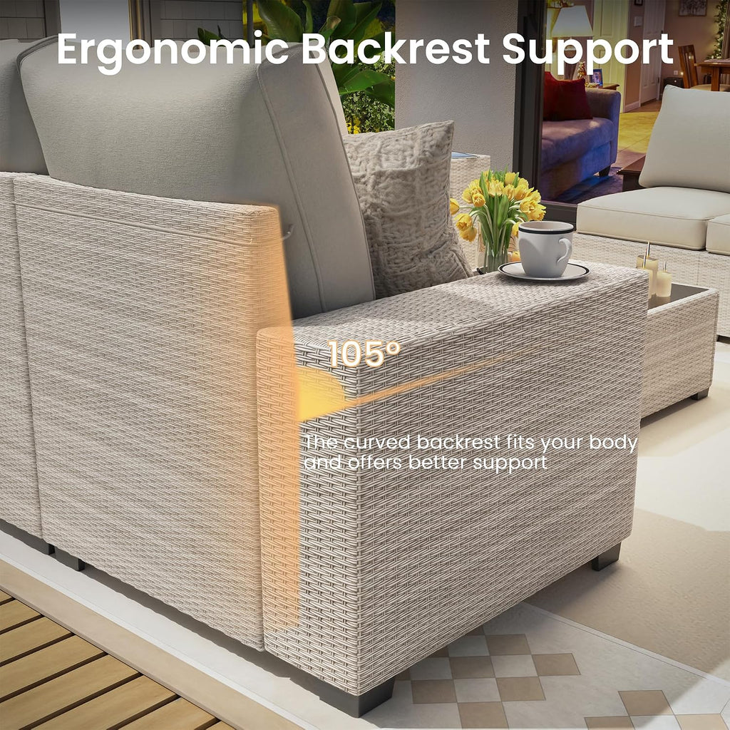8 Piece Outdoor Patio Furniture Set, Outdoor Sectional Furniture, Rattan & Wicker Modern Modular Conversation Set Sofa Couch W/Water Resistant Washable Thick Cushions and Coffee Table, Brown/Blue