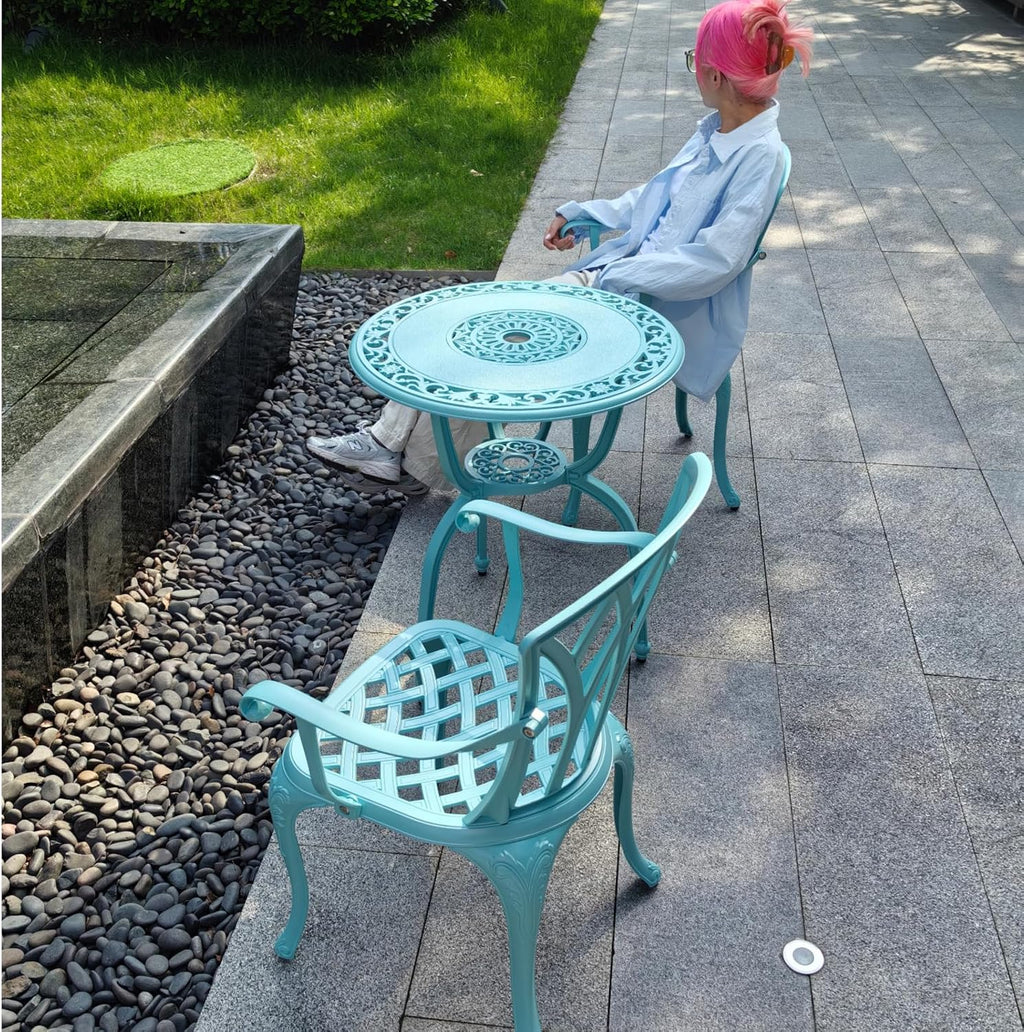 KAILI 3 Piece Bistro Table Set Cast Aluminum Outdoor Patio Furniture with Chair with armrests (Light Blue)