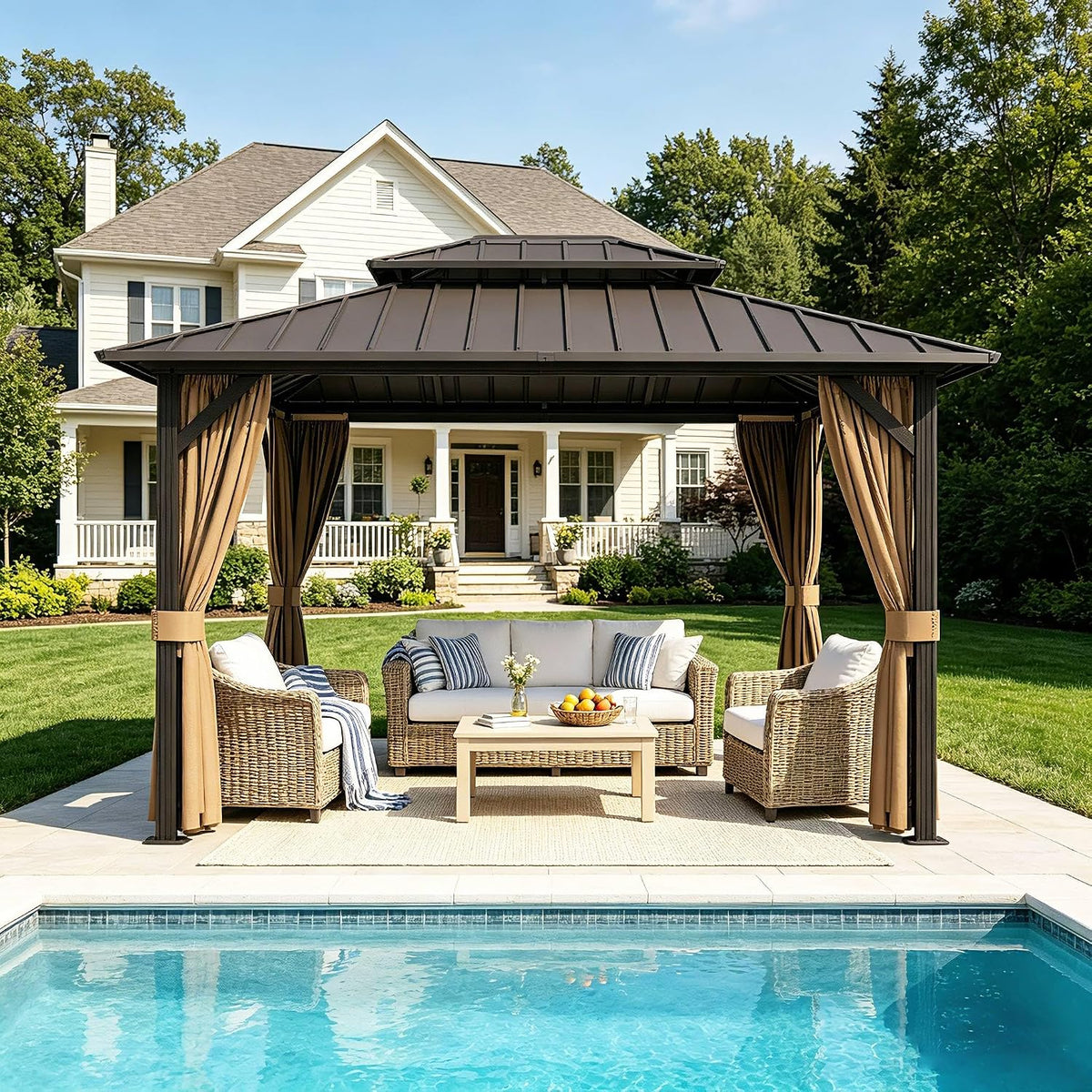 10x12 ft Hardtop Gazebo Outdoor Aluminum Patio Gazebo Double Roof Galvanized Steel Canopy with Netting and Curtains for Garden, Backyard, Deck and Lawns.