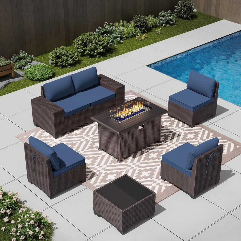 7 PCS Outdoor Patio Furniture Set,Outdoor Sectional Furniture with 43' 55000 BTU Gas Propane Fire Pit Table,All Weather PE Rattan Wicker Patio Conversation Set,Navy Blue