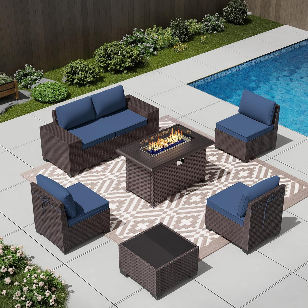 7 PCS Outdoor Patio Furniture Set,Outdoor Sectional Furniture with 43' 55000 BTU Gas Propane Fire Pit Table,All Weather PE Rattan Wicker Patio Conversation Set,Navy Blue