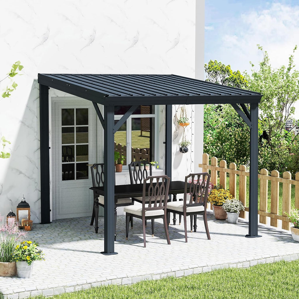 Domi 8' x 8' Lean to Gazebo, Wall Mounted Gazebos Pergola with Built in Drainage System, Galvanized Steel Roof, Hardtop Patio Shelter for Deck, Porch, Backyard and More