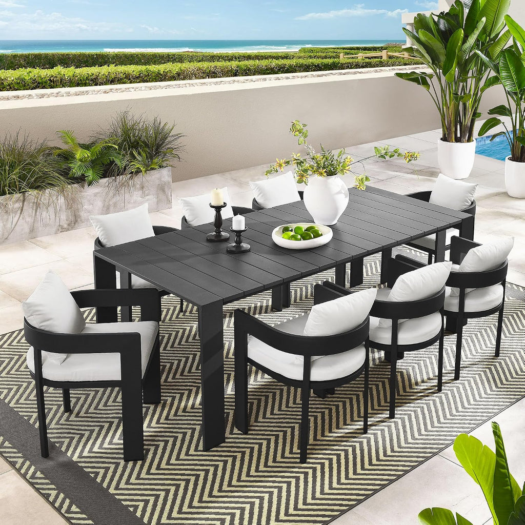 Modway Tahoe Outdoor Patio Powder-Coated Aluminum 9-Piece Dining Set in Gray White - Rectangular Patio Furniture Set for 8 - Outside Table with Umbrella Hole and Cushioned Chairs - Modern Patio Set