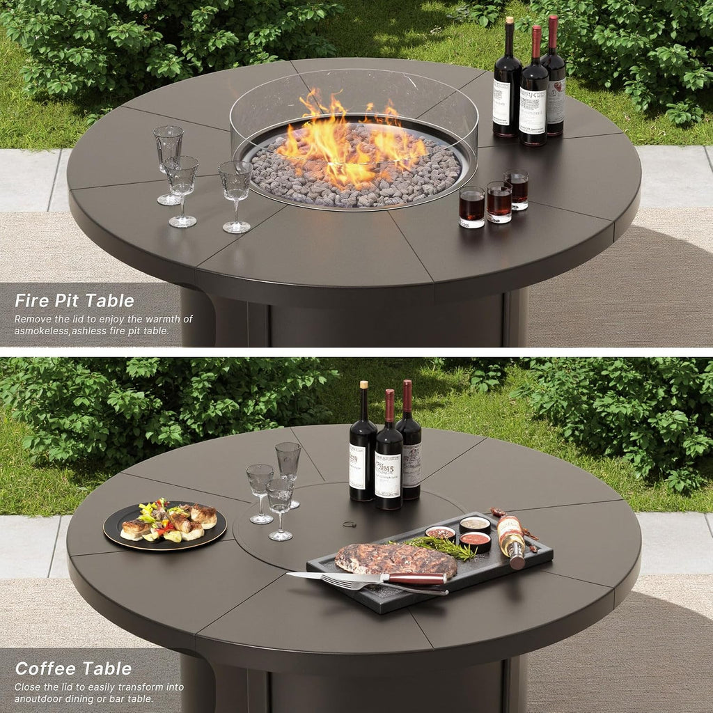5 Piece Metal Outdoor Patio Furniture Set with 48'/55000 BTU Round Fire Pit Table,Outdoor Dining Table Set 4 Swivel Chairs No-Slip Cushions and Waterproof Covers,Navy
