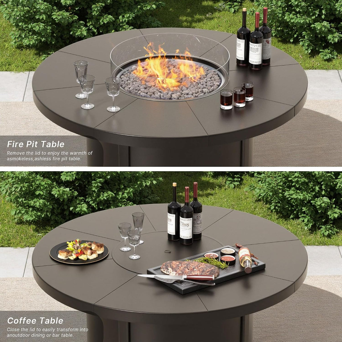 5 Piece Metal Outdoor Patio Furniture Set with 48'/55000 BTU Round Fire Pit Table,Outdoor Dining Table Set 4 Swivel Chairs No-Slip Cushions and Waterproof Covers,Navy