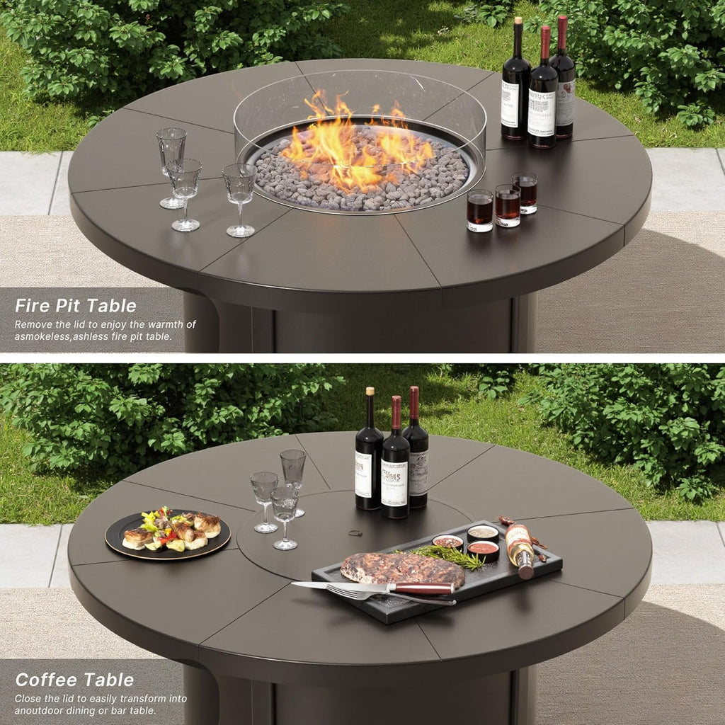 5 Pcs Metal Outdoor Patio Furniture Set with 48'/55000 BTU Outdoor Round Propane Fire Pit Table,Patio Conversation Sets 4 Fixed Chairs No-Slip Cushions and Waterproof Covers,NavyBlue