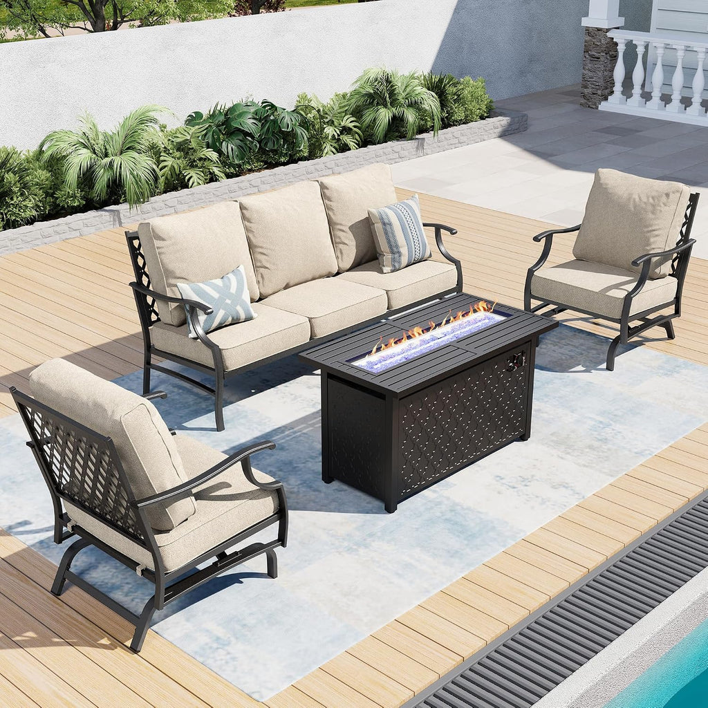 SUNSHINE VALLEY Patio Furniture Set with Firepit Table, 4 Piece Metal Outdoor Patio Furniture, 2 Rocking Chairs and 3 Seater Sofa with 5.75' Extra Thick Cushion and Gas Firepit Table for Backyard Deck