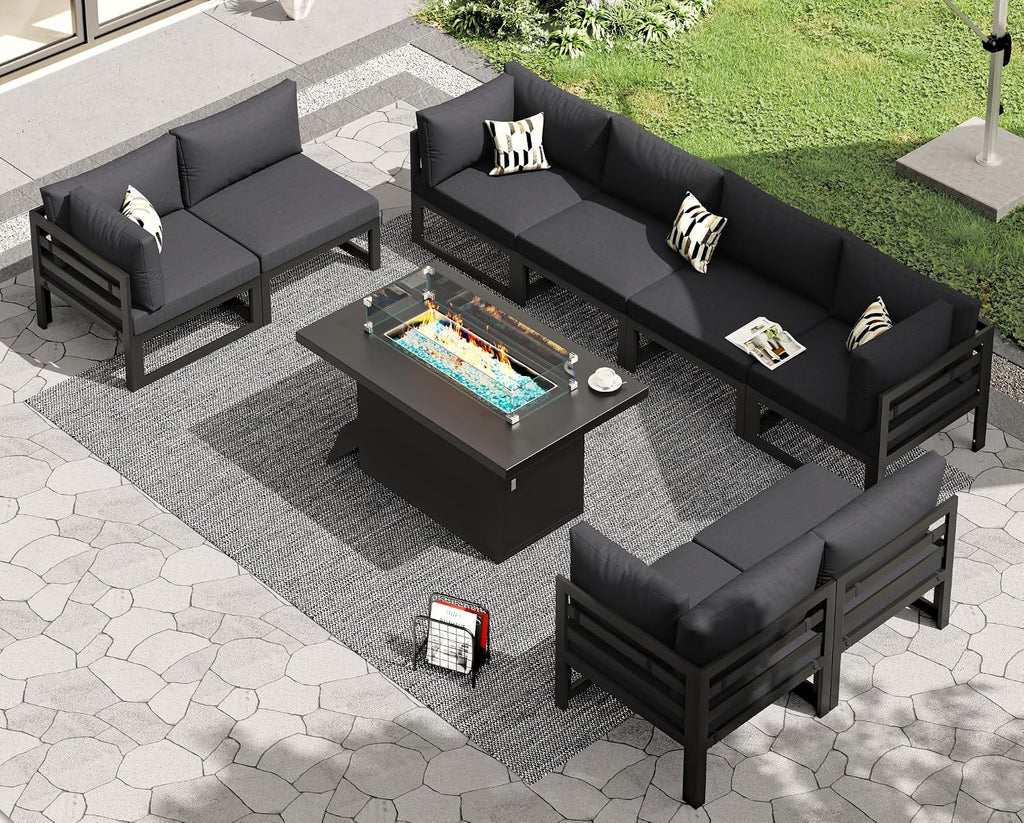 RADIATA 9 Pcs Modern Aluminum Outdoor Patio Furniture Set with Fire Pit Table Propane/Gas, Extra Large All-Weather Modular Sectional Couch, 29' Wide Deep Seating Conversation Sofa for Deck, Dark Grey