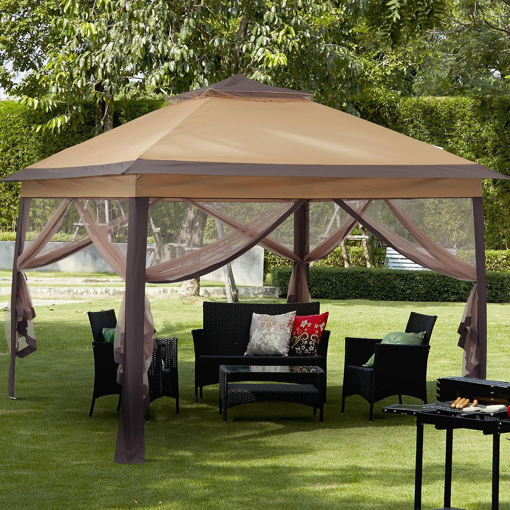 GDY 11x11 Pop Up Canopy Tent, Outdoor Canopy with Netting, Outdoor Gazebo for Backyard, Tent with Handbag, Brown.