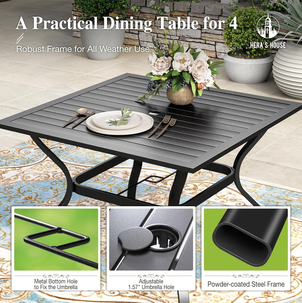 HERA'S HOUSE Patio Table and Chairs for 4, 5 Pieces Outdoor Deck Dining Sets, Square Metal Table Set with Chairs for Lawn Garden Backyard, Brown