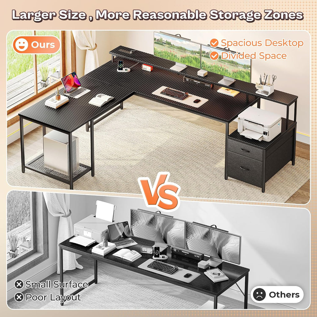 PRAISUN 66' L Shaped Gaming Desk with LED Lights & Power Outlets, Computer Desk with Fabric Drawers and Print Stand, Corner Office Desk, Monitor Stand, Mesh CPU Stand, Carbon Fiber Black