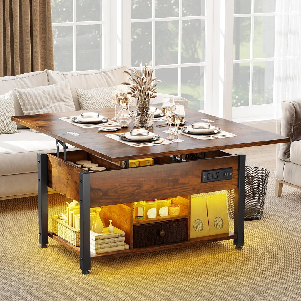 YITAHOME 4-in-1 Lift Top Coffee Table with RGB Light & Dual Tops, Multi-Function Table with Power Outlets, Storage, Converts to Dining Table Computer Desk Gaming Hub, Living Room, Home Office, Brown