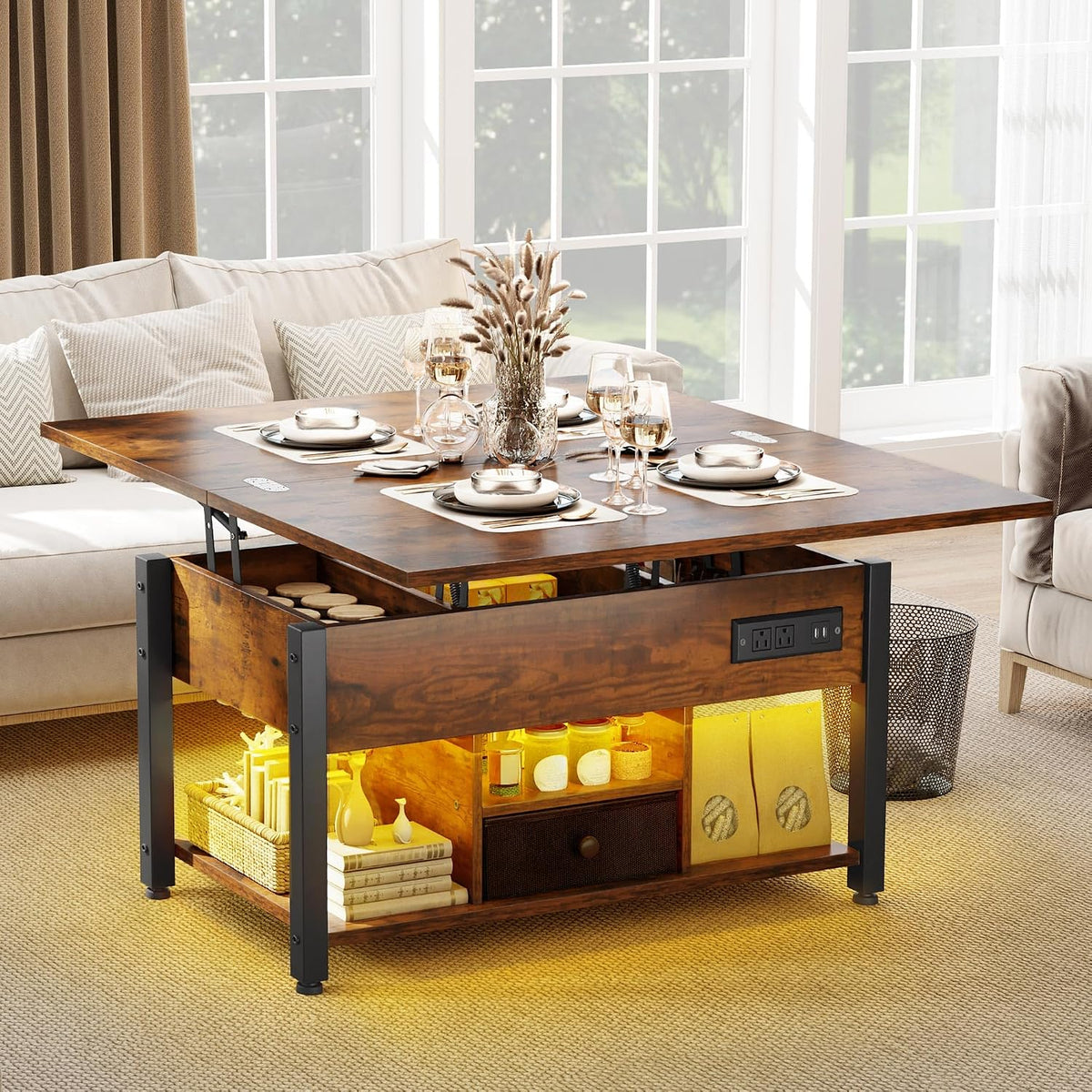 YITAHOME 4-in-1 Lift Top Coffee Table with RGB Light & Dual Tops, Multi-Function Table with Power Outlets, Storage, Converts to Dining Table Computer Desk Gaming Hub, Living Room, Home Office, Brown