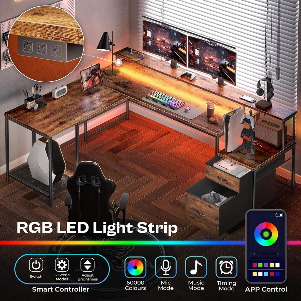 PRAISUN 66' L Shaped Gaming Desk with LED Lights & Power Outlets, Computer Desk with Fabric Drawers and Print Stand, Corner Office Desk, Monitor Stand, Mesh CPU Stand, Rustic Brown