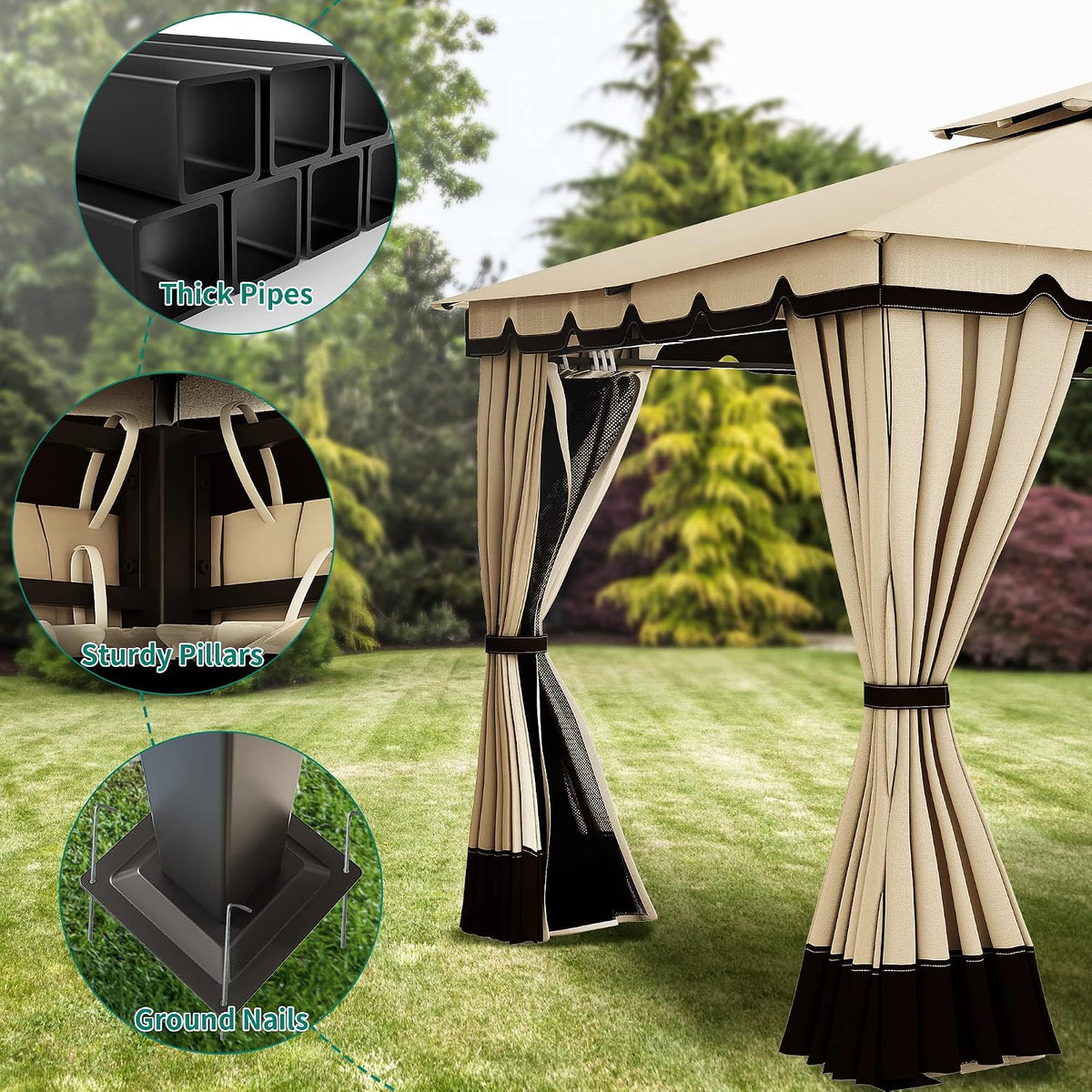 YITAHOME 10x12FT Patio Gazebo Event Shelters Outdoor Double Roof Canopy Gazebo w/Netting & Curtains, Soft Fabric Top Garden Winds Tent with Steel Frame Privacy Screens for Backyard, Garden, Lawn