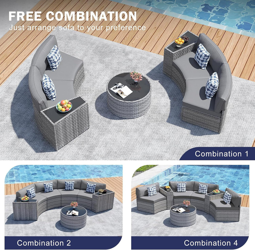 Restland Half Moon Patio Furniture Set with Tables,7 Pieces Wicker Outdoor Sectional Curved Sofas, Round Conversation Set, Grey Rattan