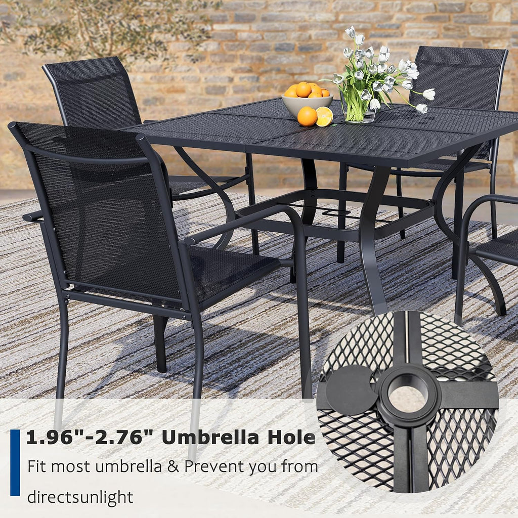 5 Piece Outdoor Dining Set, Patio Table and Chairs Set of 4, 37.5' Black Square Patio Table with 4 Black Stackable Patio Chairs for Lawn, Garden, Porch