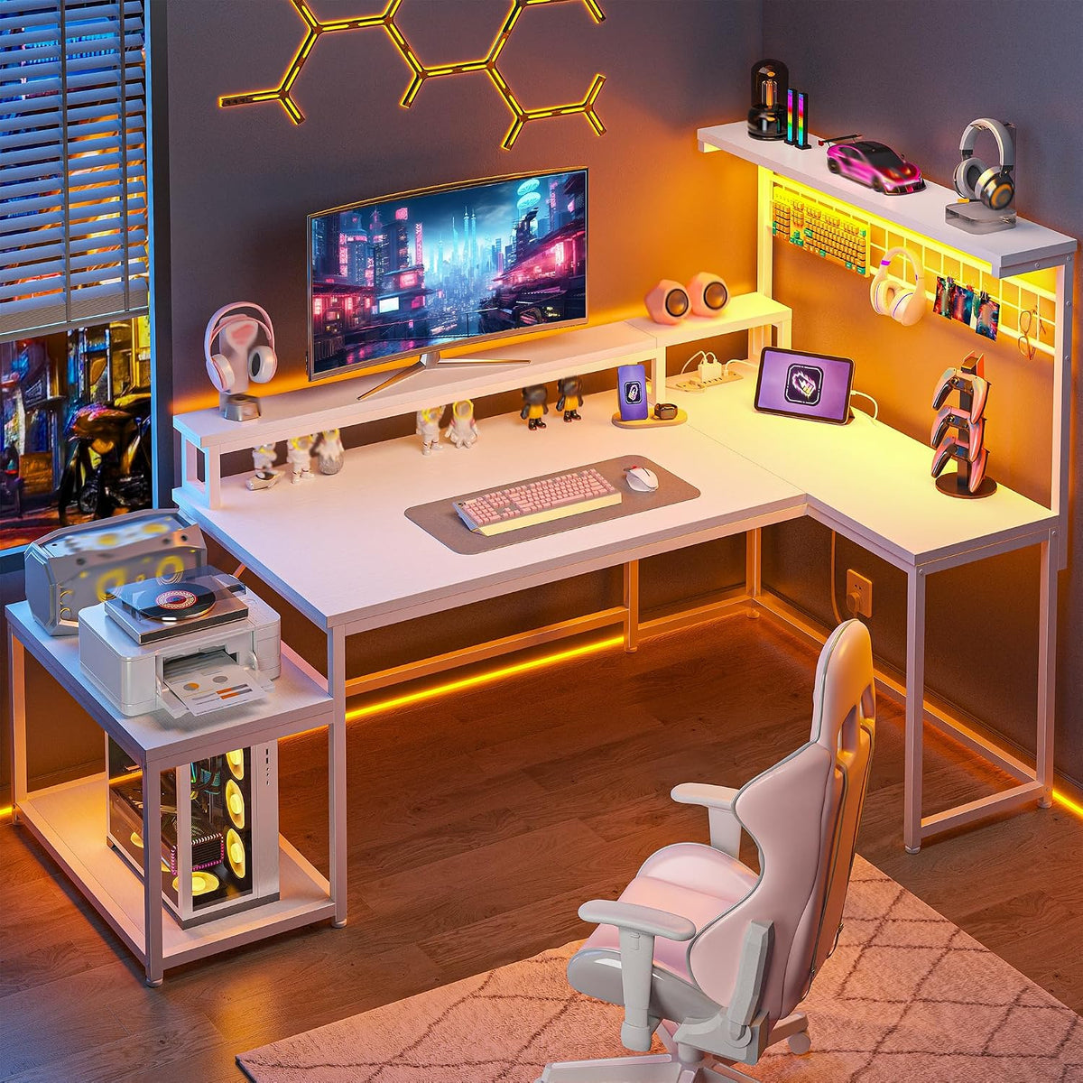 DurayLoly White Desk with Shelves & Hooks, 63.5' L Shaped Computer Desk with Monitor Stand & Power Outlets & LED Lights and Printer Space for Home Office, Bedroom, White