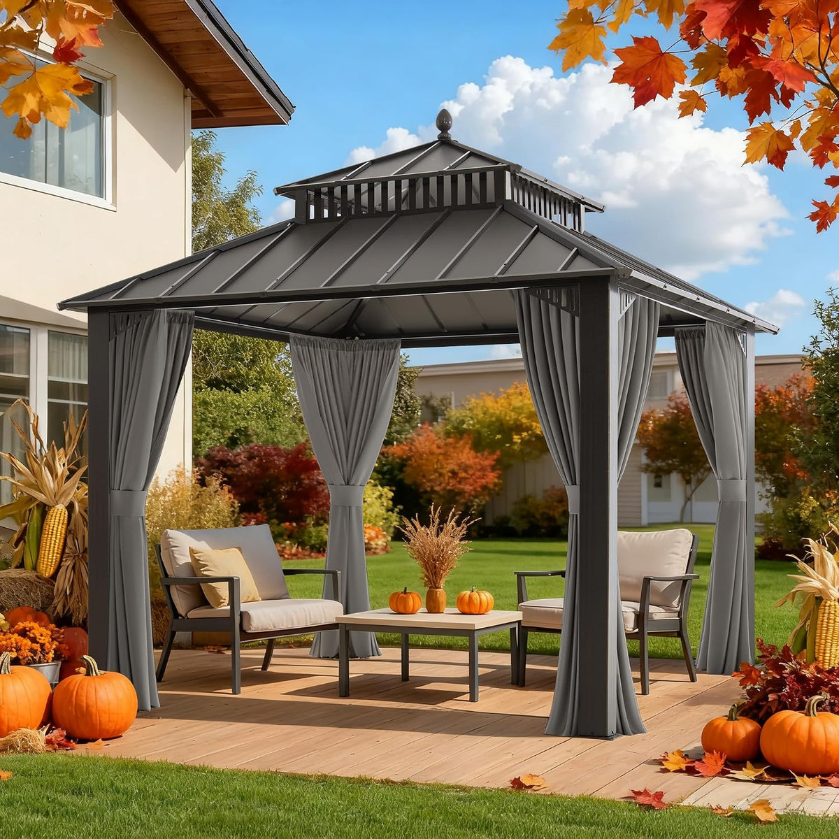 SUNJOY Kingston 10' x 10' Hardtop Gazebo with Galvanized Steel Double Roof, Curtain and Netting, Gray Aluminum Posts Permanent Pavilion Gazebo for Garden, Patio, Deck, Lawn