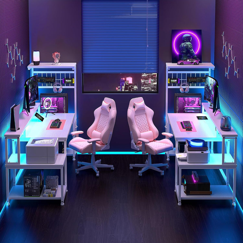 DurayLoly 63' Computer Desk with LED Lights & Outlets,Office Desk with Drawers & Monitor Stand,Gaming Desk with 3 Storage Shelves, Hooks& Printer Space for Game&Study Room,Home Office,Bedroom,White