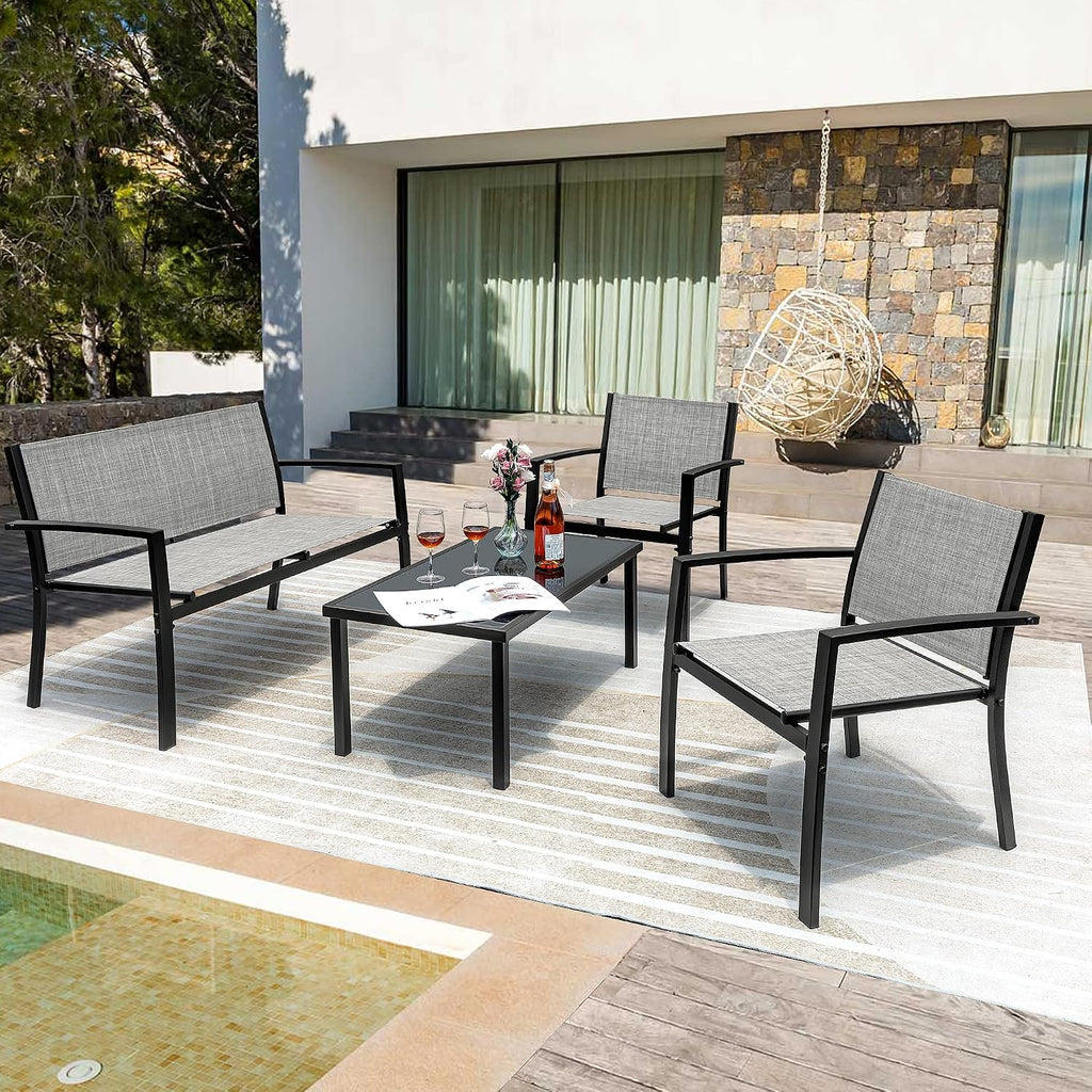 Flamaker 4 Pieces Patio Furniture Outdoor Furniture Patio Furniture Set Textilene Bistro Set Modern Conversation Set Black Bistro Set with Loveseat Tea Table for Home, Lawn and Balcony (Grey)