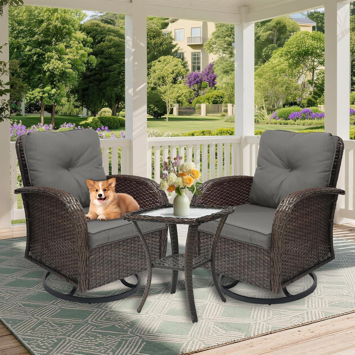 Outdoor Swivel Rocker Patio Chairs 3 Pieces，Swivel Patio Chairs with Cushions，Outdoor Swivel Rocking Chairs Set of 2 with Rattan Side Table，Patio Furniture Set for Outside Porch Deck