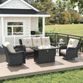LayinSun 5 Piece Wicker Outdoor Furniture Set with 6-inch Comfy Cushions, High Back Patio Furniture Set with Swivel Rocking Chairs and Fire Pit Table