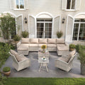 11-Piece Outdoor Patio Furniture Set with Rocking Swivel Chair Wicker Sectional Sofa Set, Patio Conversation Set with Ottomans & Coffee Table for Garden, Backyard, Poolside, Beige
