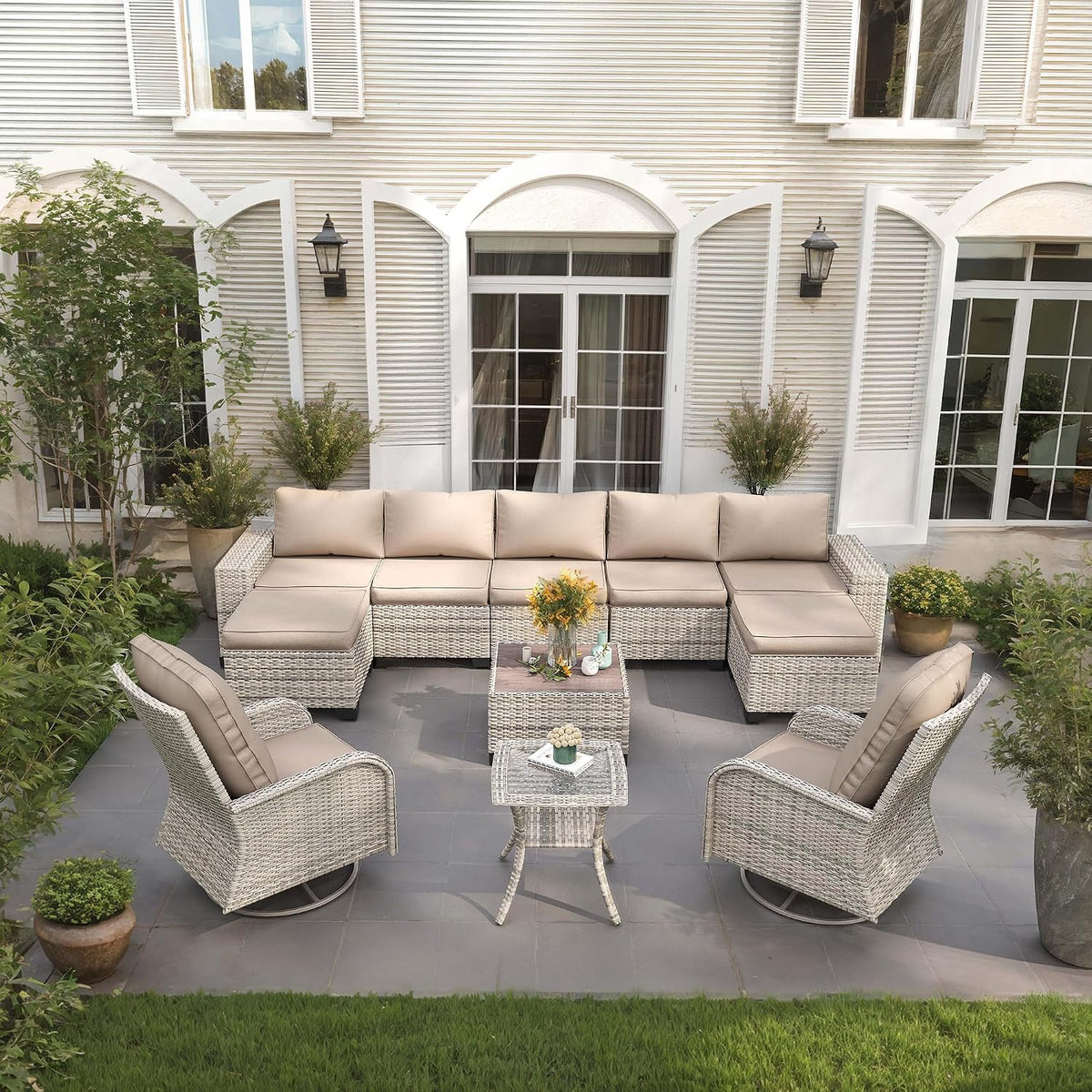 11-Piece Outdoor Patio Furniture Set with Rocking Swivel Chair Wicker Sectional Sofa Set, Patio Conversation Set with Ottomans & Coffee Table for Garden, Backyard, Poolside, Beige