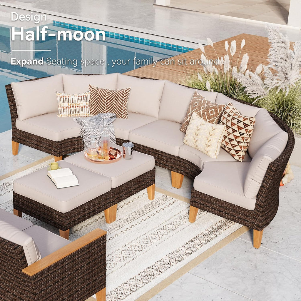 GREEN PARTY 7 Pieces Wicker Patio Furniture Set with 56' Fire Pit Table, All-Weather Outdoor Rattan Patio Half-Moon Curved Sectional Sofa Conversation Set for Garden, Backyard