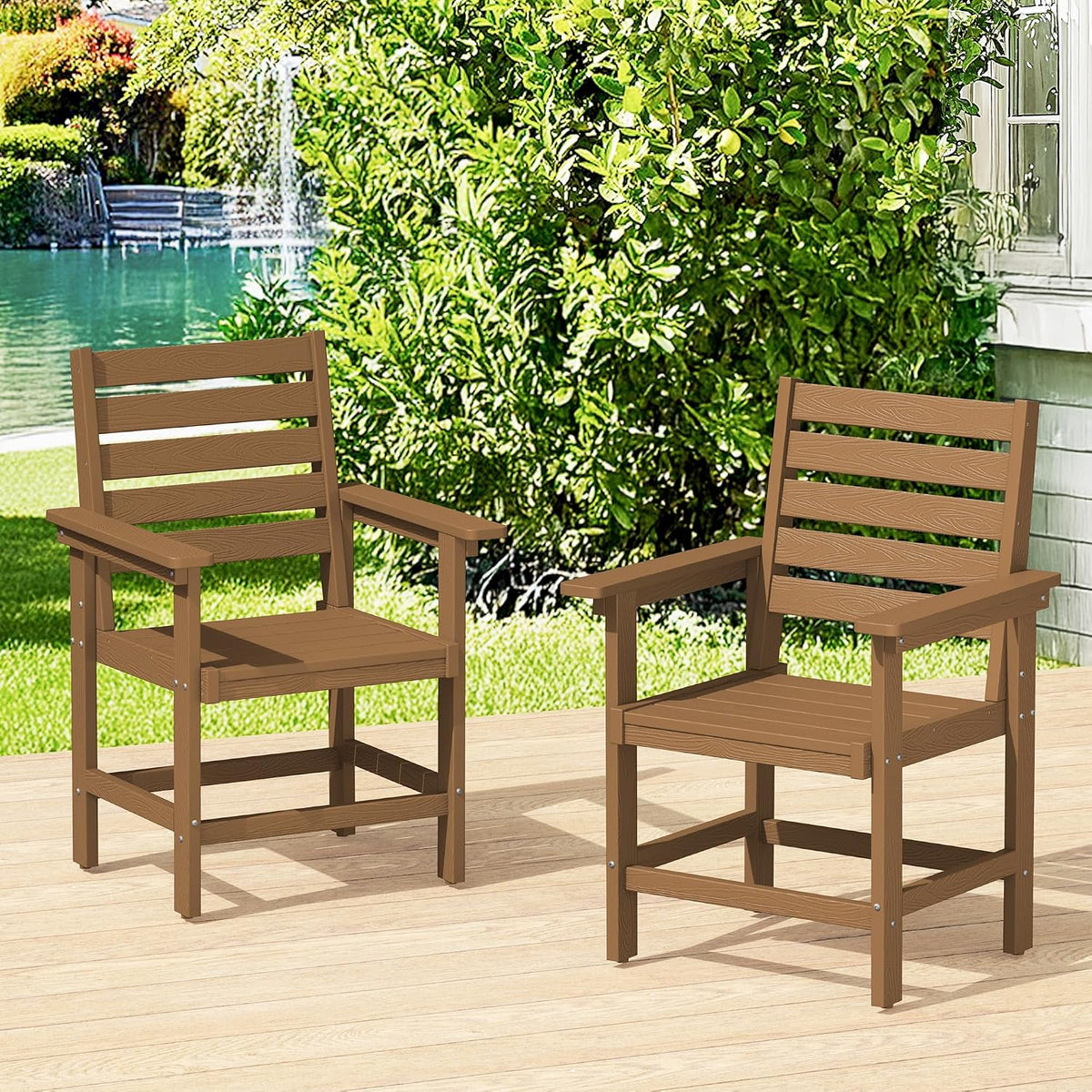 Outdoor Dining Chairs Set of 2, All Weather HDPS Patio Dining Chairs, Heavy Duty Outdoor Chair with Armrest for Backyard Deck Porch, Brown