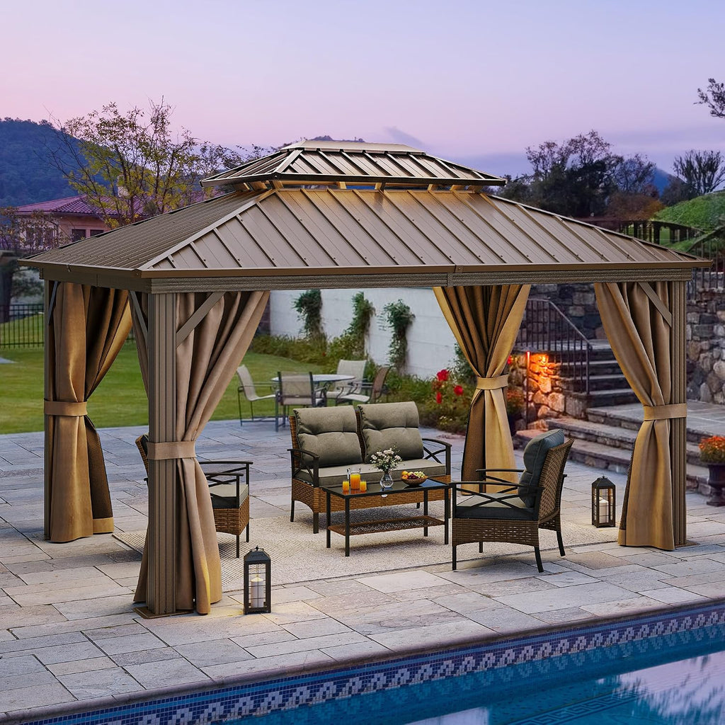 YITAHOME 10x12ft Gazebo Hardtop with Nettings and Curtains, Heavy Duty Double Roof Galvanized Steel Outdoor 2-Tier Aluminum Frame Garden Tent for Patio, Backyard, Deck and Lawns, Bronze