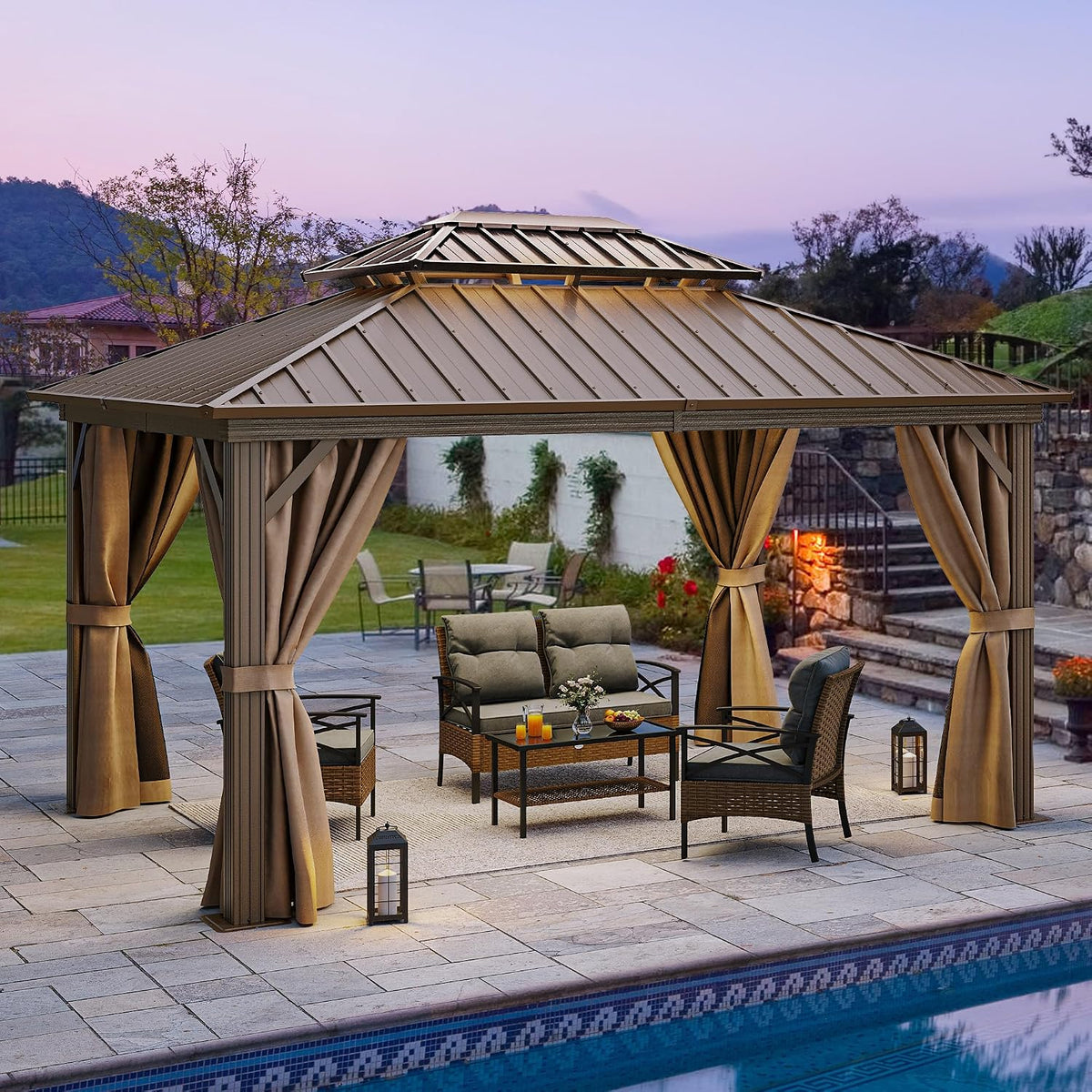 YITAHOME 10x12ft Gazebo Hardtop with Nettings and Curtains, Heavy Duty Double Roof Galvanized Steel Outdoor 2-Tier Aluminum Frame Garden Tent for Patio, Backyard, Deck and Lawns, Bronze