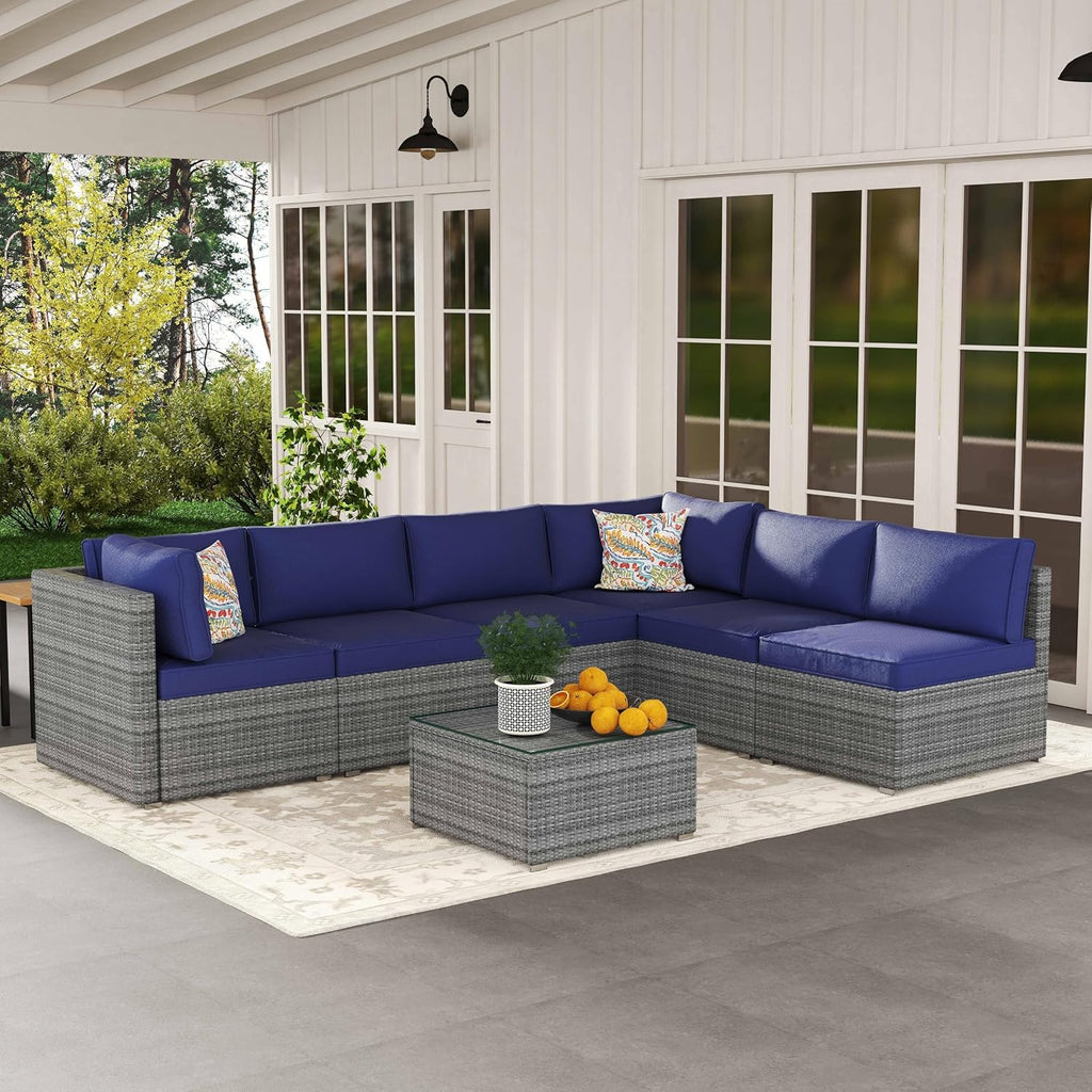 7-Piece Outdoor Patio Furniture Set – Handwoven All-Weather Rattan & 4' Thick Waterproof Cushions, Wicker Outdoor Conversation Sets with Coffee Table for Deck, Backyard, Garden, 2026, Blue/Grey