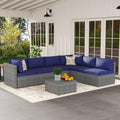 7-Piece Outdoor Patio Furniture Set – Handwoven All-Weather Rattan & 4' Thick Waterproof Cushions, Wicker Outdoor Conversation Sets with Coffee Table for Deck, Backyard, Garden, 2026, Blue/Grey
