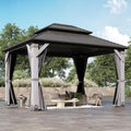 10x12FT Hardtop Wood Gazebo, Outdoor Gazebo with Cedar Wooden Pillar & Double Metal Roof - Weather-Resistant Gazebos Pavilion for Patio, Garden, Backyard (w/Netting & Gray Curtains)