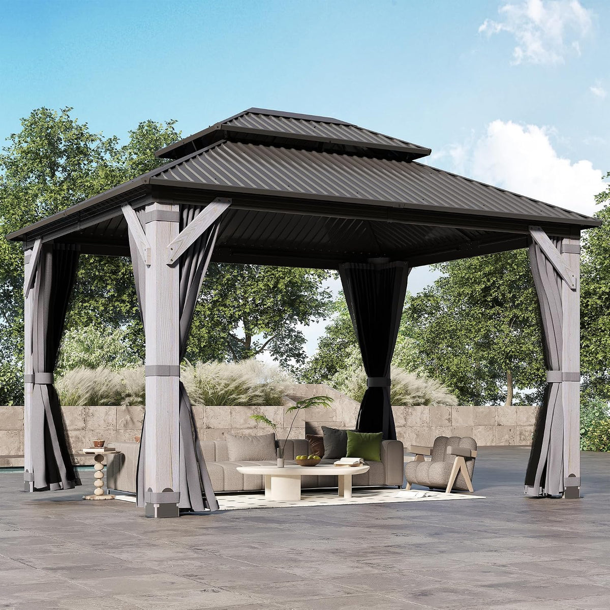 10x12FT Hardtop Wood Gazebo, Outdoor Gazebo with Cedar Wooden Pillar & Double Metal Roof - Weather-Resistant Gazebos Pavilion for Patio, Garden, Backyard (w/Netting & Gray Curtains)