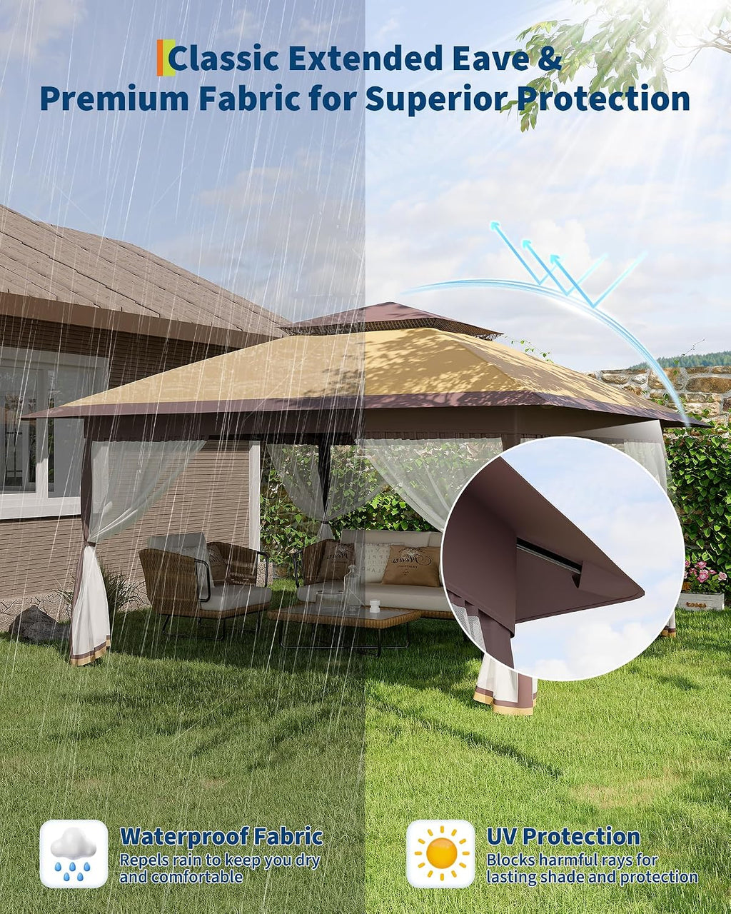 Canopy Tent 12x12 ft, Pop Up Gazebo One-Push Setup with 4 SandBags for Backyard Parties and BBQs, Mosquito Netting & Height Adjustable - Khaki & Coffee