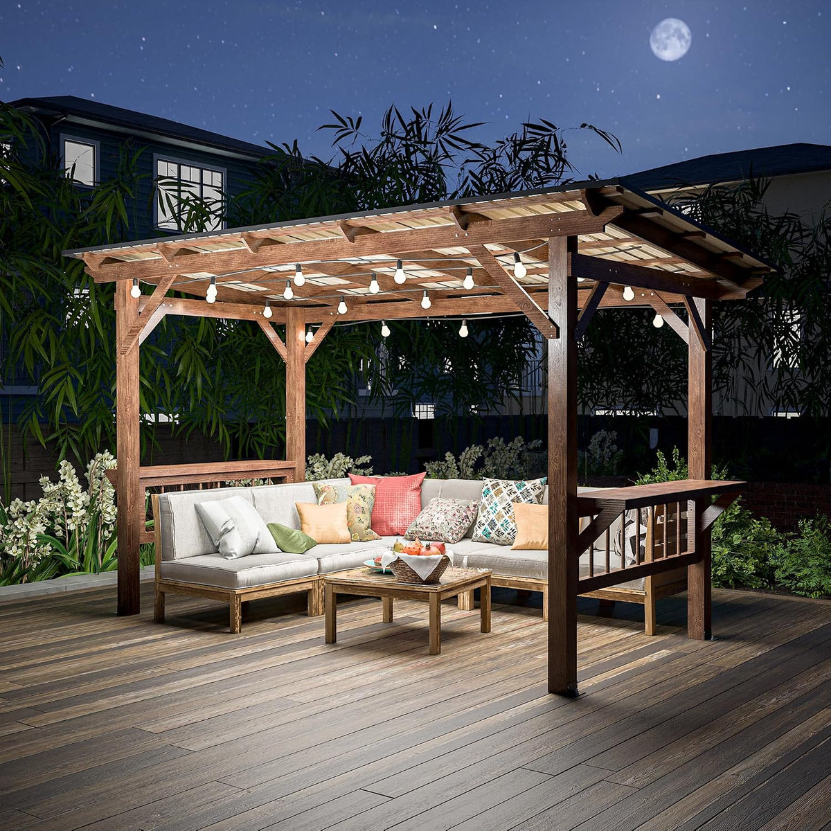 YOPTO 13x6.5 FT Outdoor Wooden Pergola Grill Gazebo with Metal Roof & Bulbs,Waterproof Garden Canopy W/Bar Counters,for Patio,Backyard,Swimming Pool,Brown