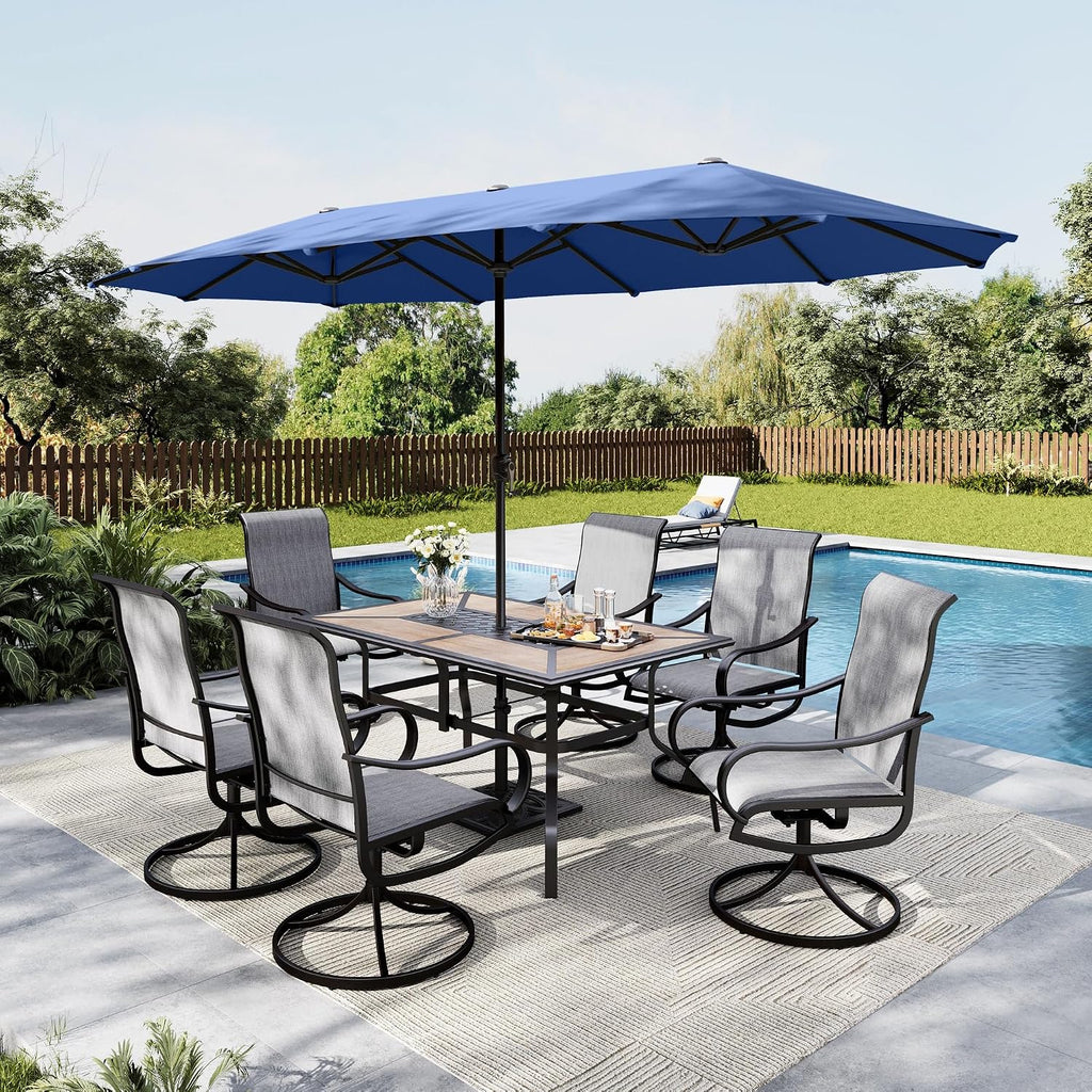 MFSTUDIO Outdoor Dining Set for 6, Patio Furniture Set with Blue Umbrella (Base not Included), Outdoor Table Chair Umbrella Set for Deck, Backyard, Lawn & Garden