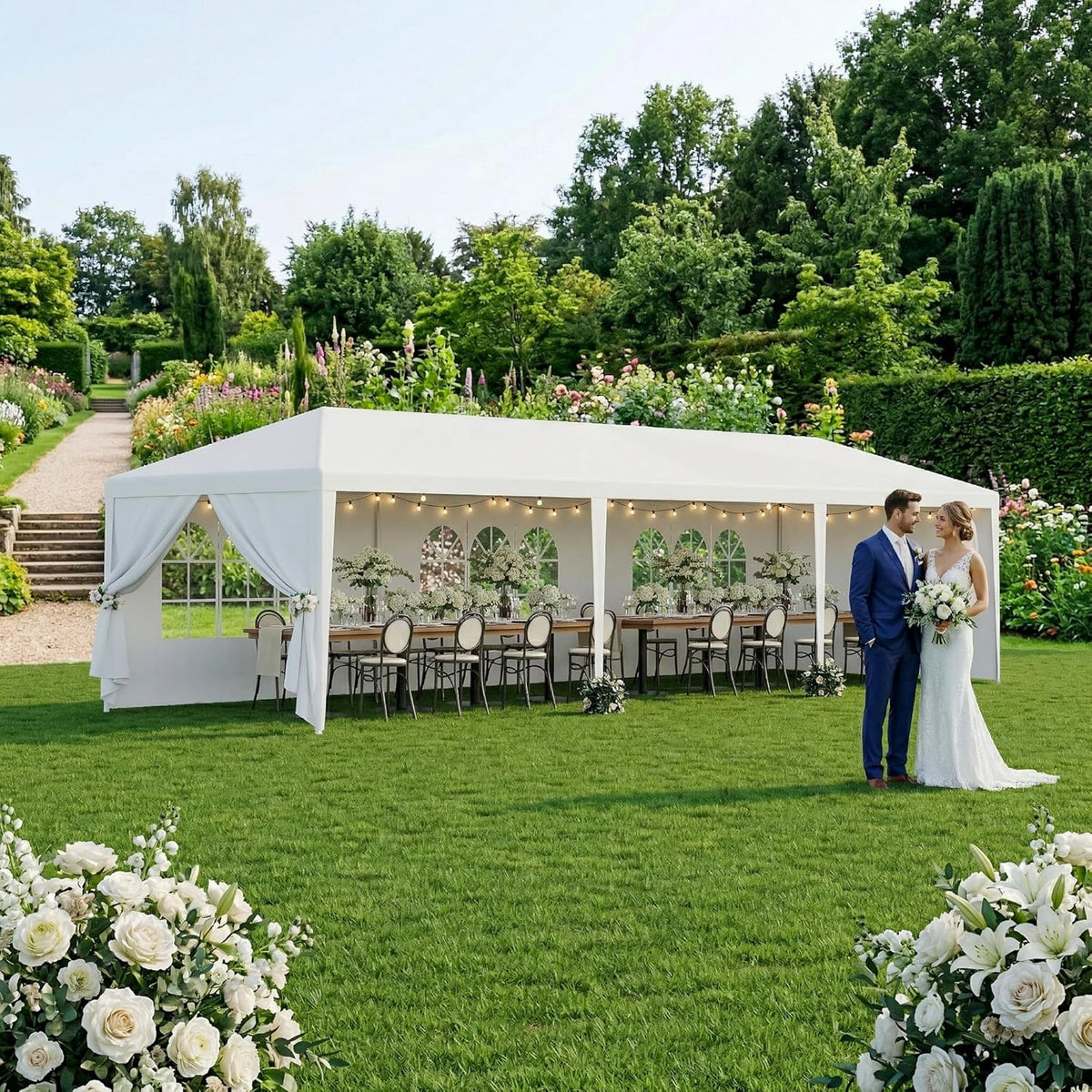 10' x 30' Outdoor Waterproof Gazebo Canopy Tent with Removable Sidewalls and Windows Heavy Duty Tent for Party Wedding Events Beach BBQ, White