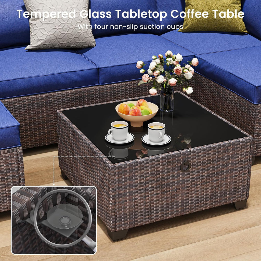 9 Piece Outdoor Patio Furniture Set with 43'' Fire Pit Table, Outdoor Sectional Furniture, Rattan & Wicker Modern Modular Conversation Set Sofa Couch W/Water Resistant Thick Cushions, Brown/Blue