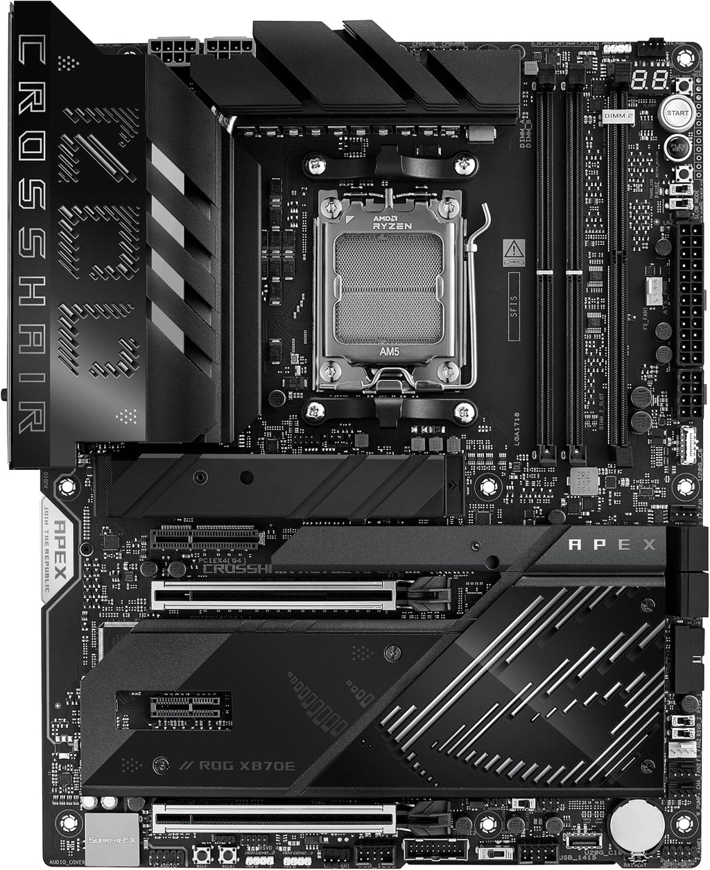 ASUS ROG Crosshair X870E APEX AMD X870E AM5 ATX Motherboard, Advanced AI PC-Ready, 18+2+2 Stages, DDR5, ROG Memory Fan, ROG DIMM.2 Card, Wi-Fi 7, 5G LAN, 3X M.2, PCIe® 5.0, USB4®, USB Type-C®, AI OC