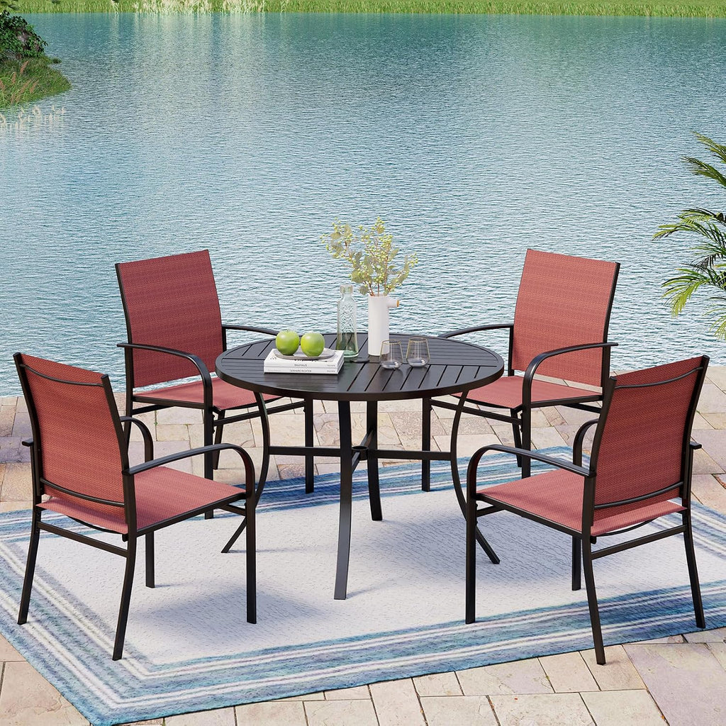 MIXPATIO Patio Table and Chairs Set for 4, 5 Pieces Outdoor Dining Set, 4 Red Textilene Chairs and 42' Metal Round Table with Umbrella Hole, for Deck Garden Backyard Lawn Poolside