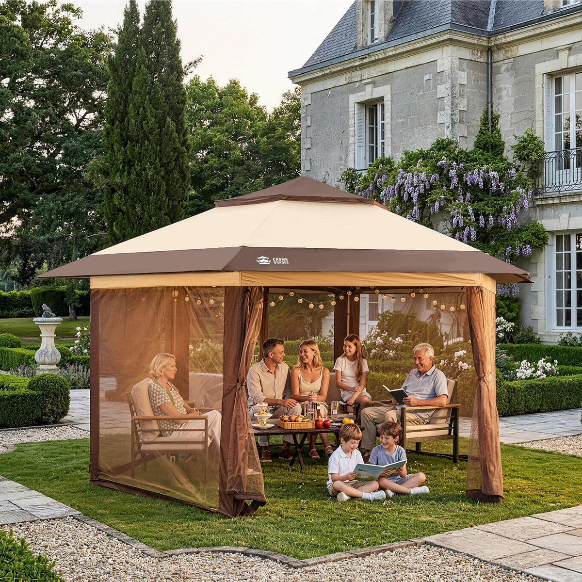 CROWN SHADES 13x13 Pop Up Gazebo with Mosquito Nettings, Patented Center Lock 6-Sided Portable Gazebo, 300D Silver-Coated Fabric UV Resistant, Pop Up Canopy Tent for Patio, Party, Beige&Coffee