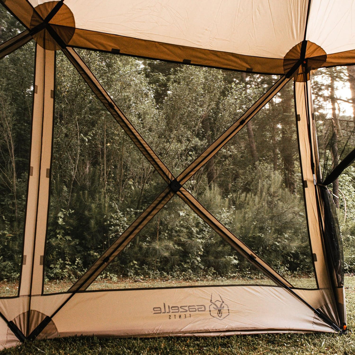 Gazelle Tents™, G6 6-Sided Portable Gazebo, Easy Pop-Up Hub Screen Tent, Durable, TriTech Mesh, Waterproof, UV Resistant, 8-Person & Table, Desert Sand, 86' x 124' x 124', GG602DS