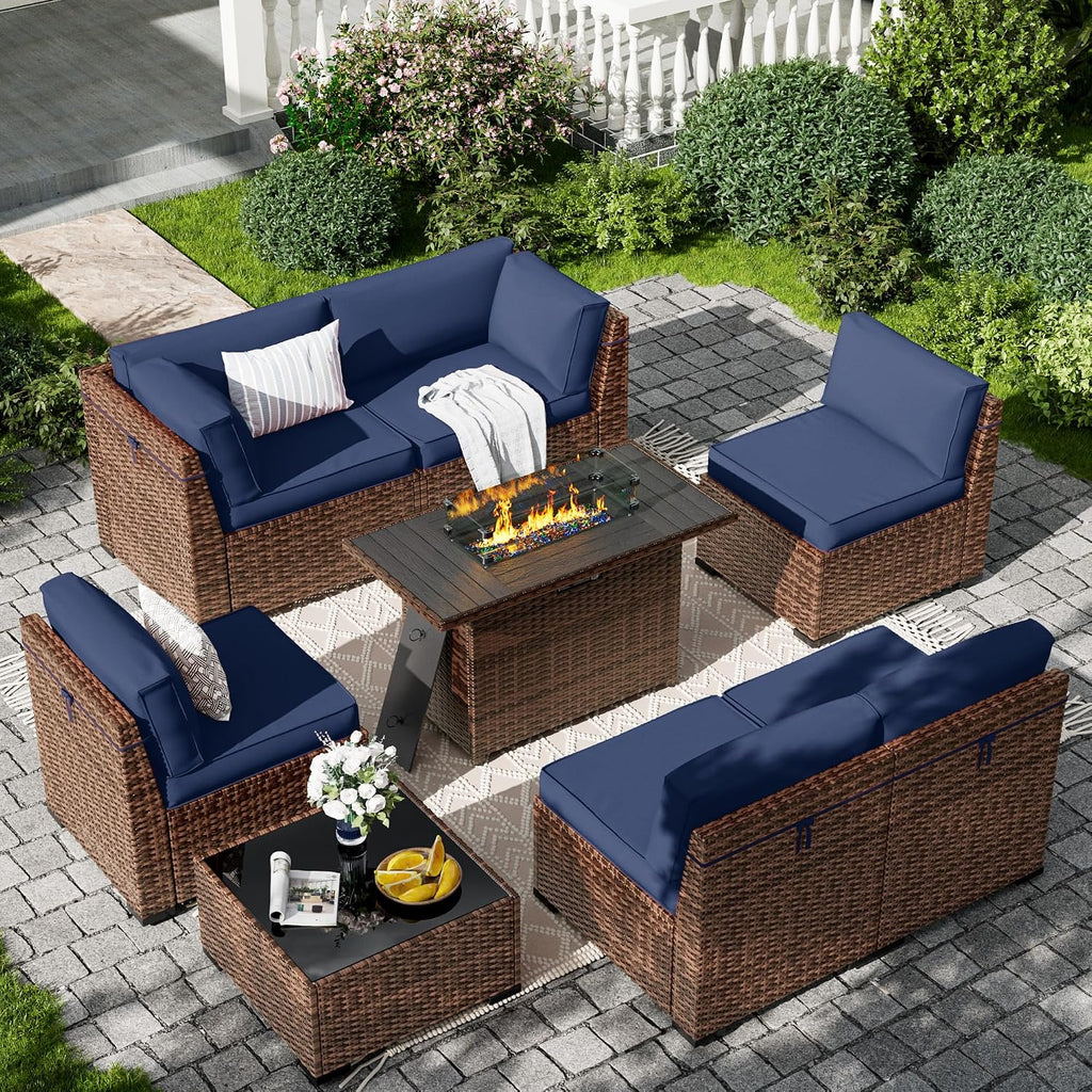 Amopatio 8-Piece Outdoor Patio Furniture Set with 44' Fire Pit Table, Modern Rattan Sectional Couch with Tempered Glass Coffee Table, Thickened Cushions and Include Waterproof Cover (Navy Blue)