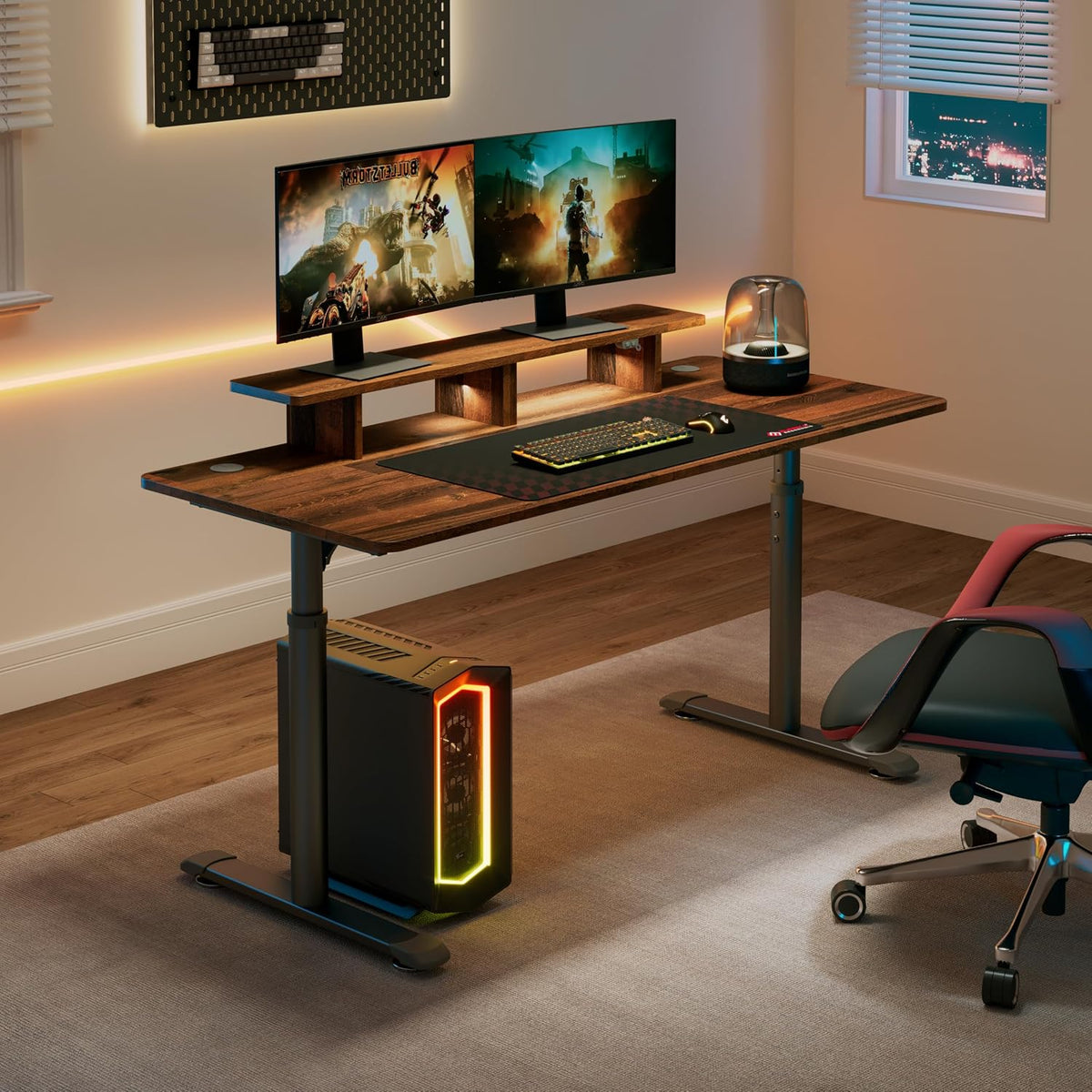 EUREKA ERGONOMIC 60 Inch Computer Desk Manual Adjustable Height Standing Desk, Home Office Desk with Monitor Stand Shelf Led Lights Strips, Computer Desk with Dual 2 Monitor Mouse Pad, Brown