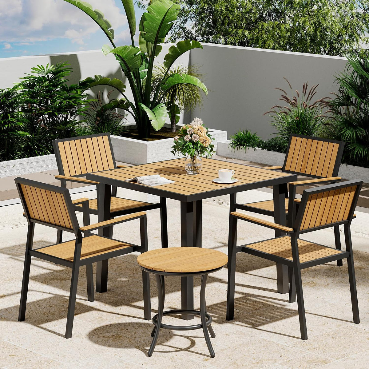 6-Piece Patio Dining Set, Outdoor Weather Resistant Plastic-Wood Table & 4 Stackable Chairs, Outdoor Durable Aluminum Frame Furniture for Garden, Poolside, Backyard (Teak, 6 PCS)